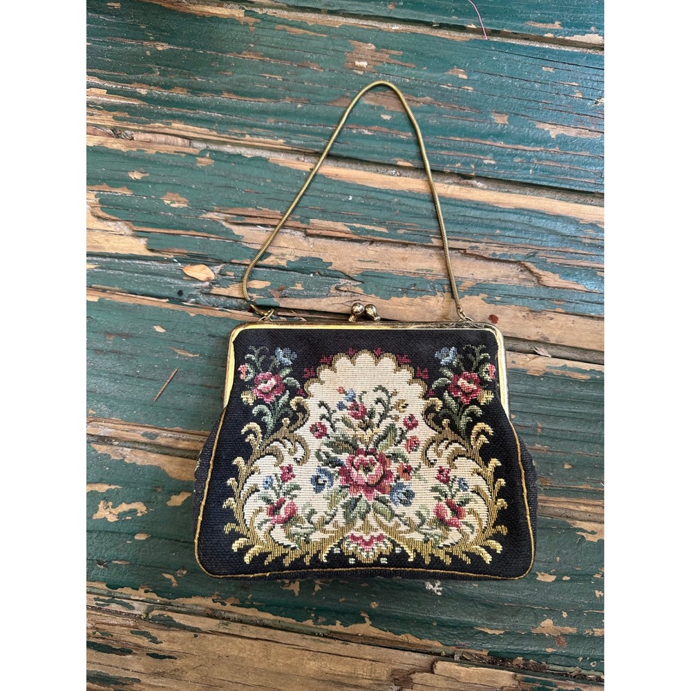 Vintage Floral Needlepoint Tapestry Evening Bag Black Gold Kiss Lock Clutch